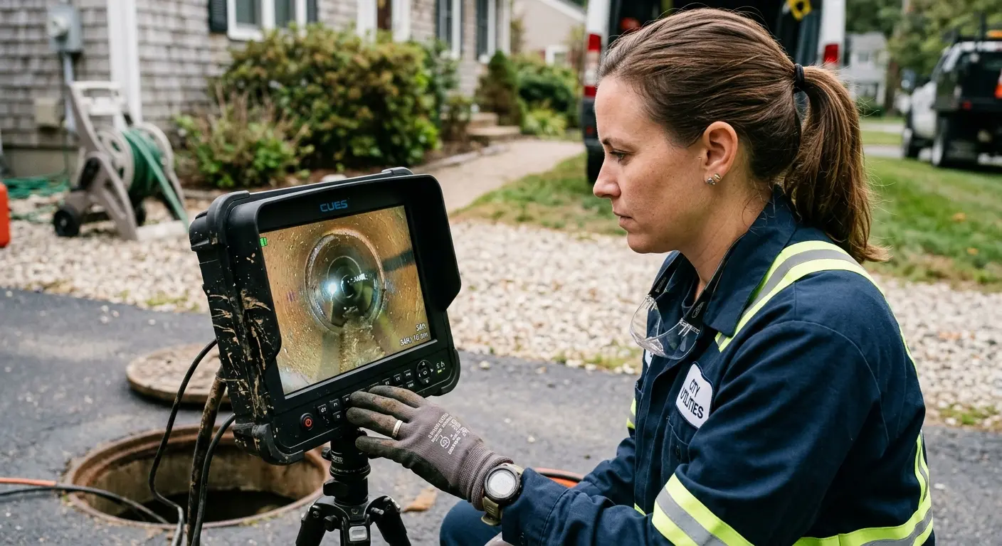 Technician reviewing sewer camera inspection footage in Hickory Hills