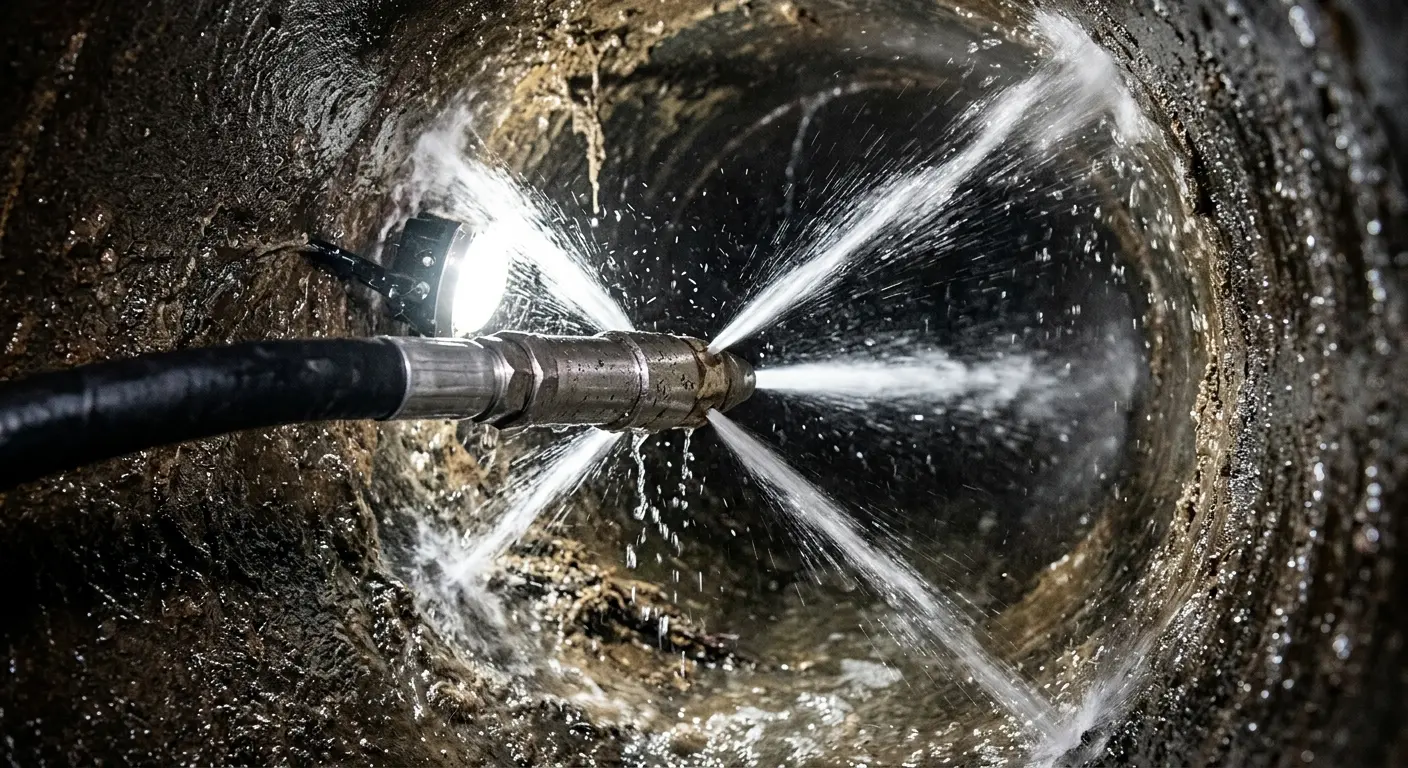 High-pressure hydro jetting nozzle cleaning sewer pipe for Emergency Drain Service in Hickory Hills