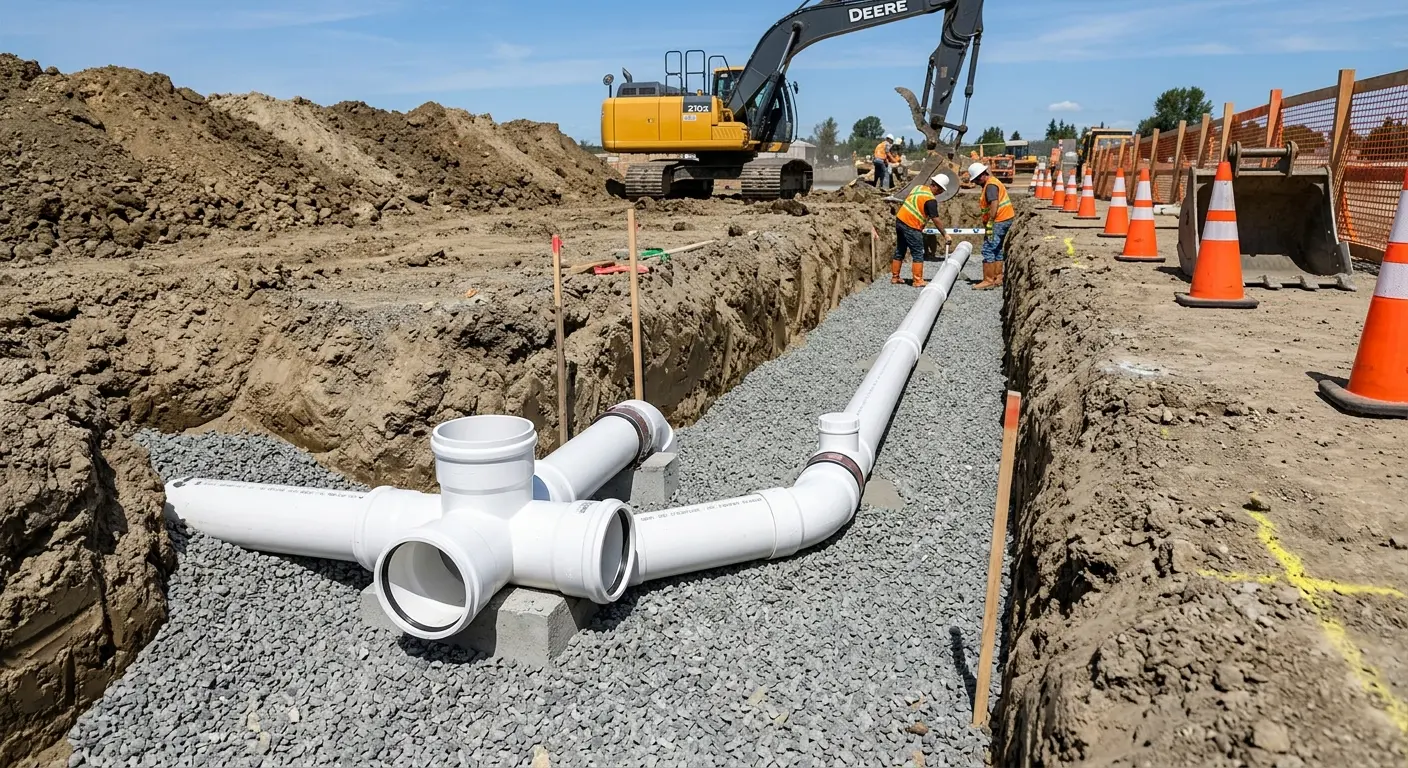 New PVC sewer pipe installation in open trench for Commercial Drain Cleaning in Hickory Hills