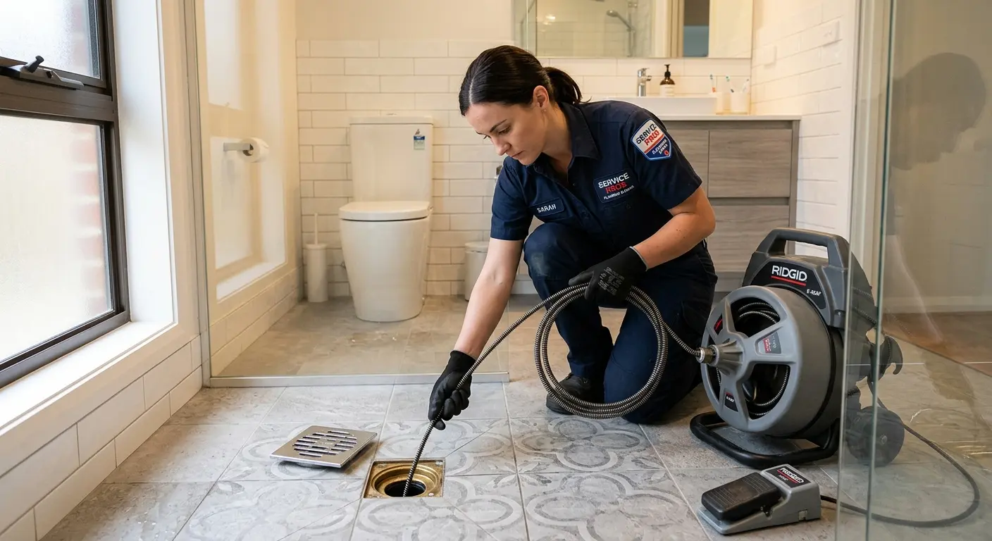 Technician clearing a bathroom floor drain for Clogged Drain Repair in Hickory Hills